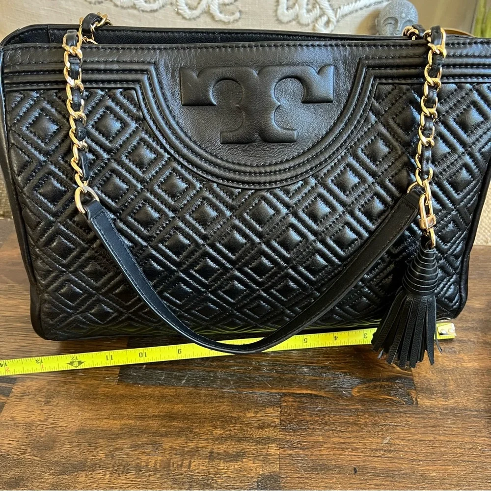Tory Burch Fleming Quilted Black Leather Chain Straps Tassel Shoulder Bag